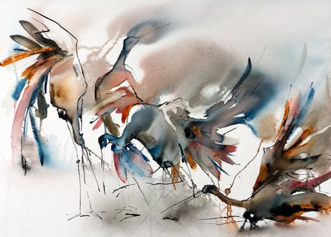 Österlenska Kulingfåglar - akvarell till salu av konstnär Ylva Molitor-Gärdsell, Kivik på Österlen i Skåne